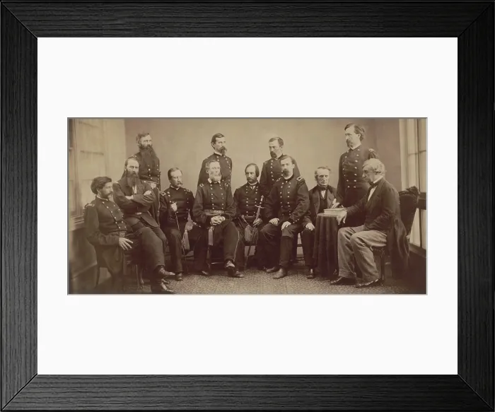 Framed Print : Military commission that tried and convicted the Lincoln conspirators, 1865. Standing, L to R: Brig. Gen. Thomas Harris, Maj. Gen. Lew Wallace, Maj. Gen