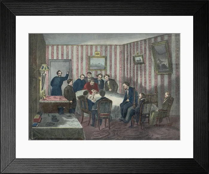 Framed Print : President Abraham Lincolns deathbed in the Peterson House, across the street from Fords Theater, is attended by his generals, cabinet, and his son Framed Print : President Abraham Lincolns deathbed in the Peterson House, across the street from Fords Theater, is attended by his generals, cabinet, and his son