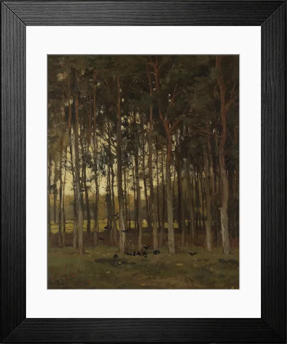 Framed Print : View in the Woods, by Theophile de Bock, c. 1870-1904, Dutch painting, oil on canvas. Forest scene with crows on the ground between high narrow trees (BSLOC_2016_1_139) Framed Print : View in the Woods, by Theophile de Bock, c. 1870-1904, Dutch painting, oil on canvas. Forest scene with crows on the ground between high narrow trees (BSLOC_2016_1_139)