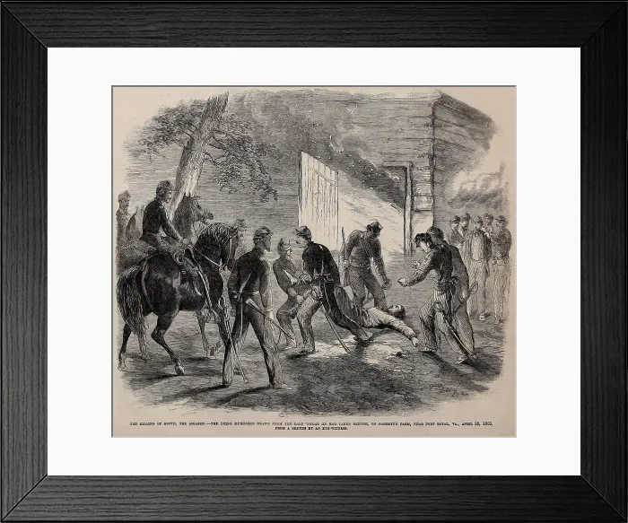 Framed Print : John Wilkes, the assassin of President Abraham Lincoln, dying from a soldiers bullet, is dragged from a burning barn, April 26, 1865