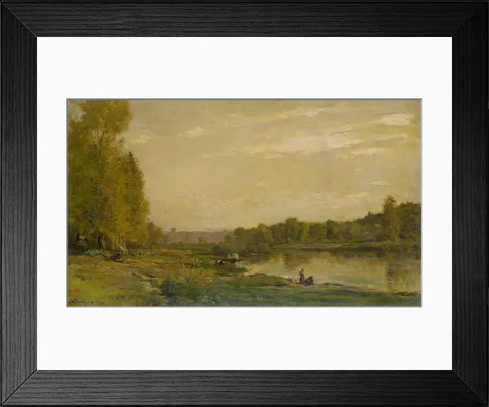 Framed Print : Landscape on the Oise, by Charles Francois Daubigny, 1872, French painting, oil on panel, There are small figures on the river bank and a moored boat. (BSLOC_2016_1_155)