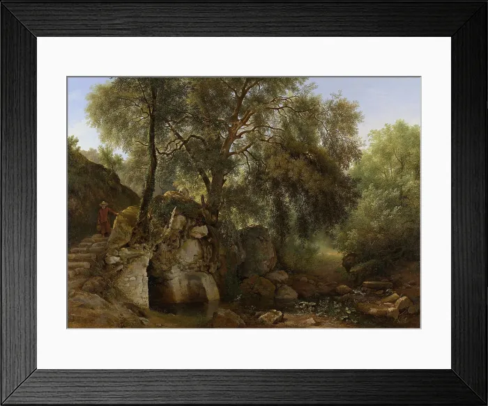 Framed Print : Park of the Villa Chigi at Ariccia, by Abraham Teerlink, 1822, Dutch painting, oil on canvas. A monk descends stairs to draw water from a stream in the Villa Chigi, Italy