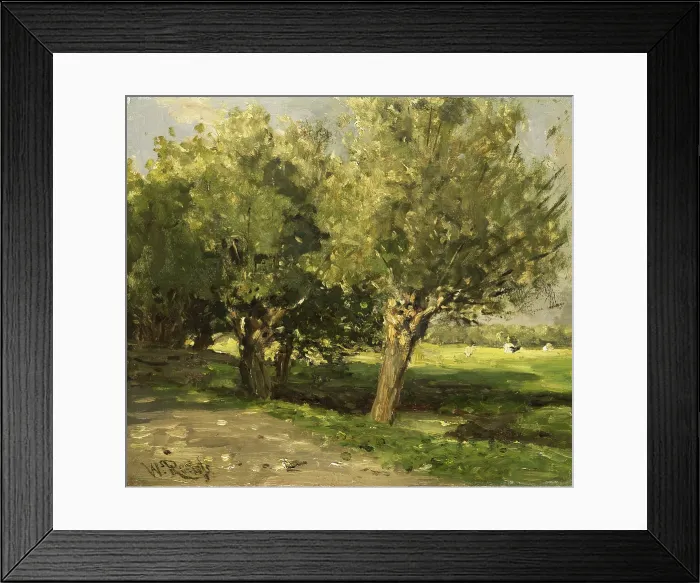 Framed Print : Wilgebome (Willow Trees), by Willem Roelofs 1st, 1875-85, Dutch painting, oil on panel. Willow trees growing on the edge of a meadow near a ditch of water. (BSLOC_2016_1_144)