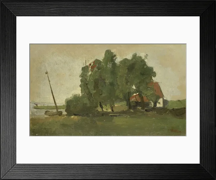 Framed Print : Farmstead, by George Hendrik Breitner, c. 1880-1923, Dutch oil painting. Landscape with farm between trees on waterfront with a misted boat. (BSLOC_2016_1_141) Framed Print : Farmstead, by George Hendrik Breitner, c. 1880-1923, Dutch oil painting. Landscape with farm between trees on waterfront with a misted boat. (BSLOC_2016_1_141)