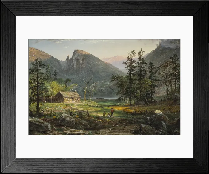 Framed Print : PIONEERS HOME, EAGLE CLIFF, WHITE MOUNTAINS, 1859, by Jasper Francis Cropsey, painting, oil on canvas. Two children and an ax bearing father walk toward the woods