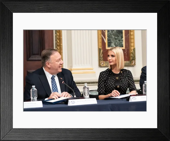 Framed Print : Ivanka Trump and Secretary of State Mike Pompeo smile at each other in a meeting of the Presidents Interagency Task Force to Monitor and Combat Trafficking in Persons, Oct