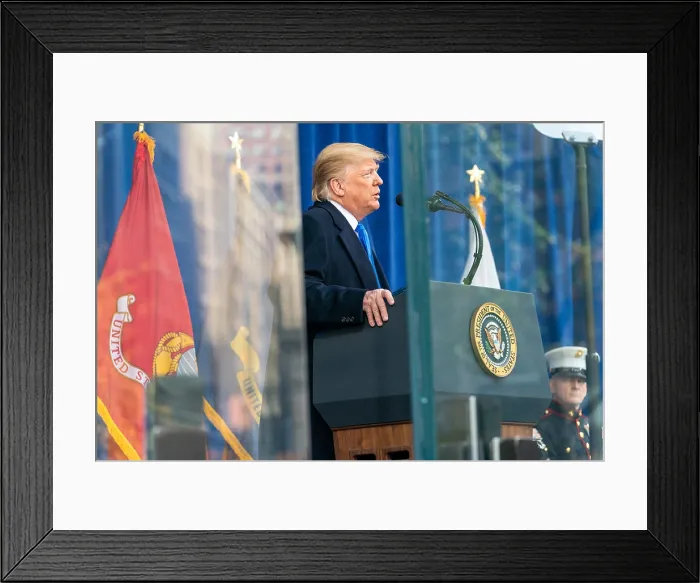 Framed Print : President Donald Trump speaks from behind bulletproof glass at a Veterans Day wreath-laying ceremony at Madison Square in New York City, November 11, 2019 (BSLOC_2019_9_218) Framed Print : President Donald Trump speaks from behind bulletproof glass at a Veterans Day wreath-laying ceremony at Madison Square in New York City, November 11, 2019 (BSLOC_2019_9_218)