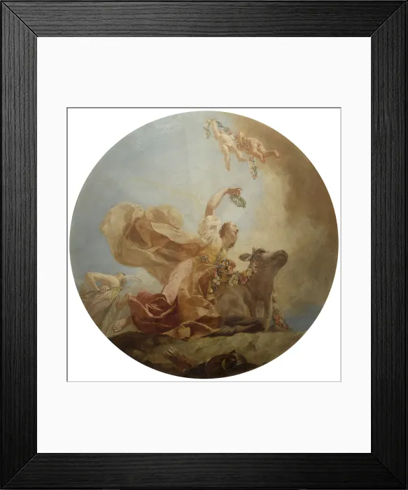 Framed Print : Europe and America, by Giuseppe Angeli, 18th Century, canvas - Italy, Veneto, Venice, Pisani Palaces. Whole artwork view. Tondo with the Rape of Europe by Zeus as a white bull