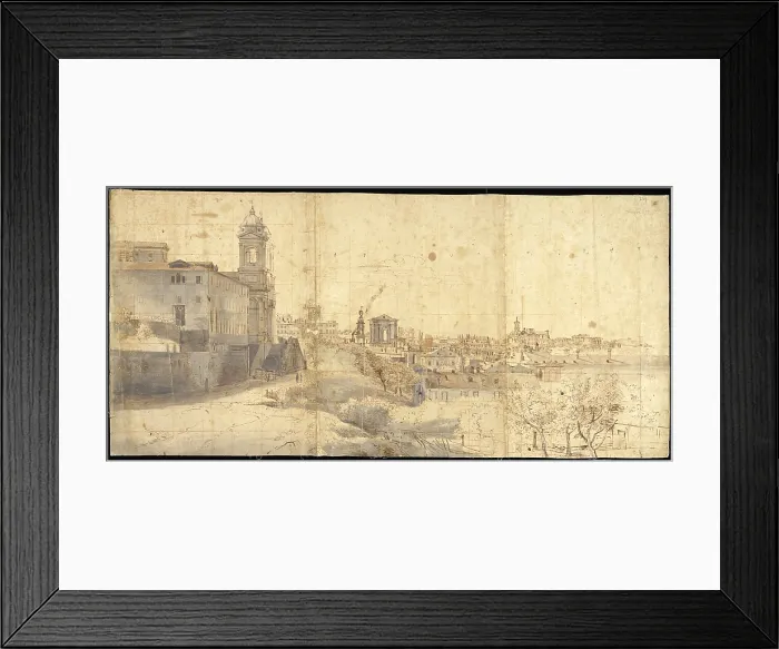 Framed Print : Rome from Trinit dei Monti, by Gaspar Van Wittel also known as Gaspare Vanvitelli, 1681, 17th Century, pen, ink and colored watercolor on paper - Italy, Lazio, Rome
