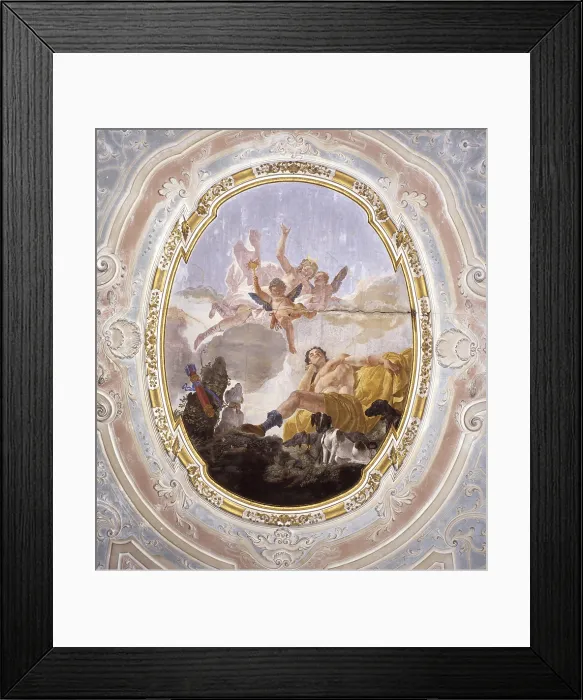 Framed Print : Diana and Endymion, by Francesco Fontebasso, 18th Century, fresco - Italy, Veneto, Venice, Bold Palace. Whole artwork view. Endymion with four dogs and a quiver on a rock