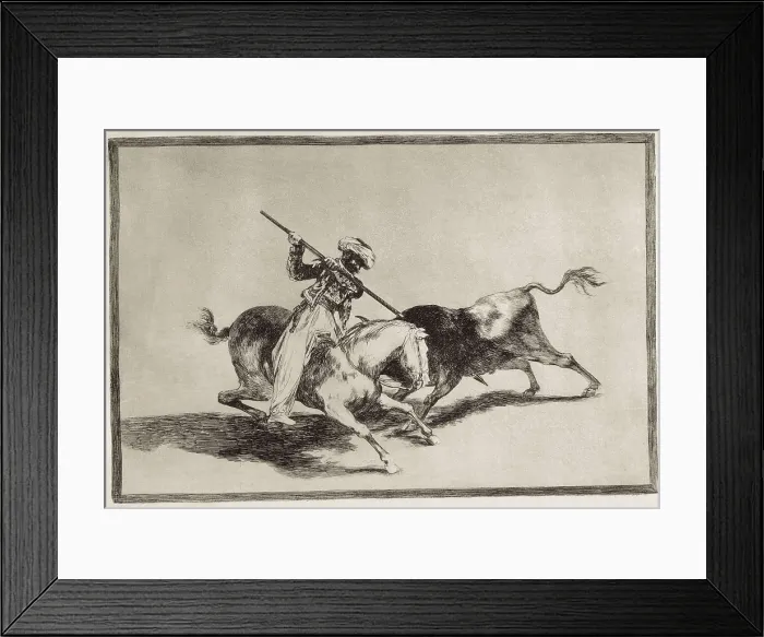 Framed Print : GOYA Y LUCIENTES, Francisco de (1746-1828). The valiant Moor Gazul is the first to spear bulls according to rules. 1816. Plate 5 of 'The Art of Bullfighting'. Etching Framed Print : GOYA Y LUCIENTES, Francisco de (1746-1828). The valiant Moor Gazul is the first to spear bulls according to rules. 1816. Plate 5 of 'The Art of Bullfighting'. Etching