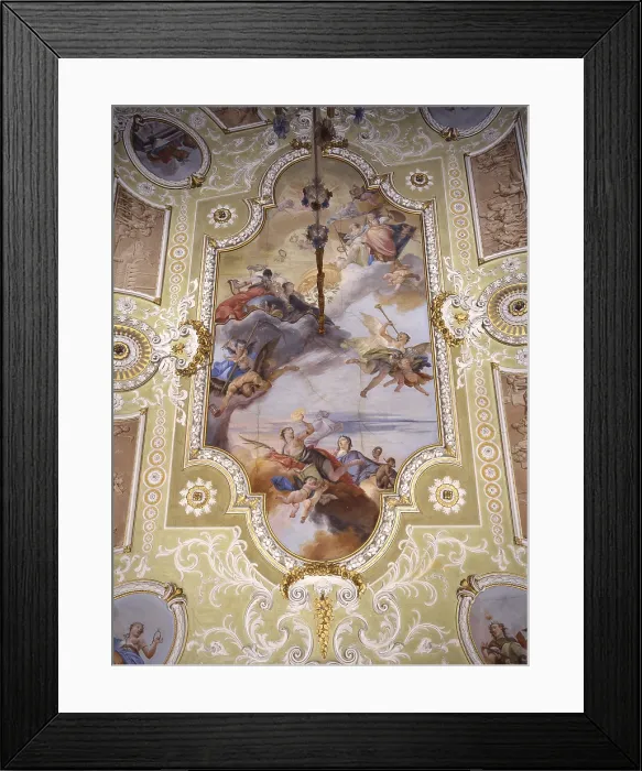 Framed Print : Allegoric Ceiling, by Francesco Zugno, 18th century, fresco - Italy, Veneto, Venice, Pisani Palaces. Whole artwork view. Figures with playing angels in a rich decorated frame