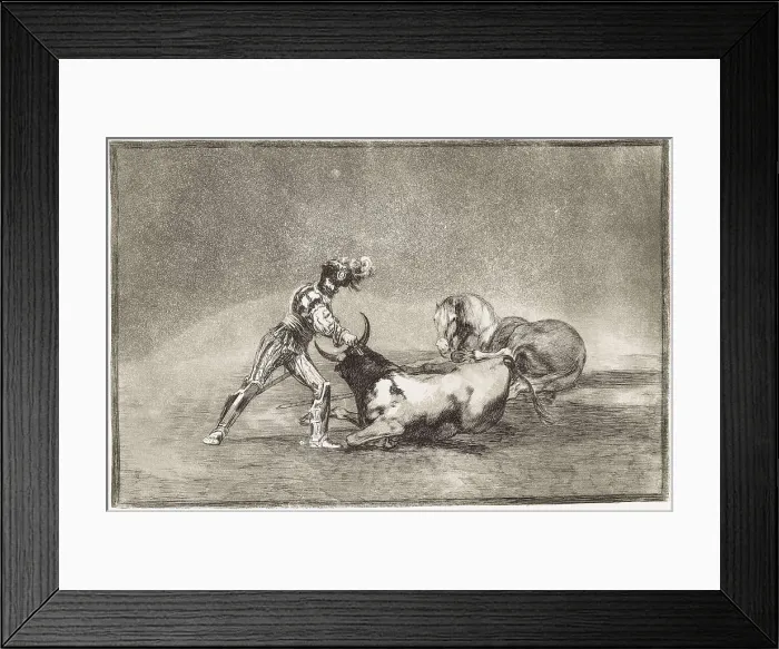 Framed Print : GOYA Y LUCIENTES, Francisco de (1746-1828). A Spanish knight kills the bull after having lost his horse. 1816. Plate 9 of 'The Art of Bullfighting'. Etching. SPAIN