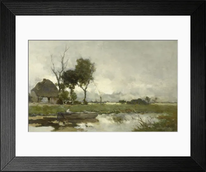 Framed Print : Autumn Landscape, by Johan Hendrik Weissenbruch, c. 1875-1903, Dutch painting, oil on canvas. Polder landscape of drained river delta lands with a small farm under trees