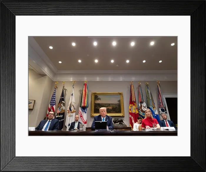 Framed Print : President Donald Trump is flanked by Treasury Secretary, Steven Mnuchin, and Presidential Advisor, Ivanka Trump Framed Print : President Donald Trump is flanked by Treasury Secretary, Steven Mnuchin, and Presidential Advisor, Ivanka Trump