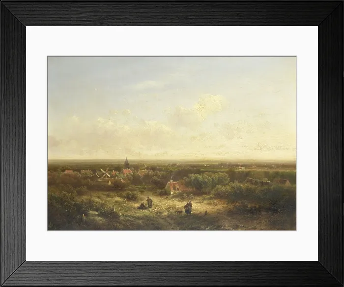 Framed Print : Distant View with a Village, by Pieter Lodewijk Francisco Kluyver, 1840-1900, Dutch oil painting on panel. View of a village in a flat land, with figures in the foreground