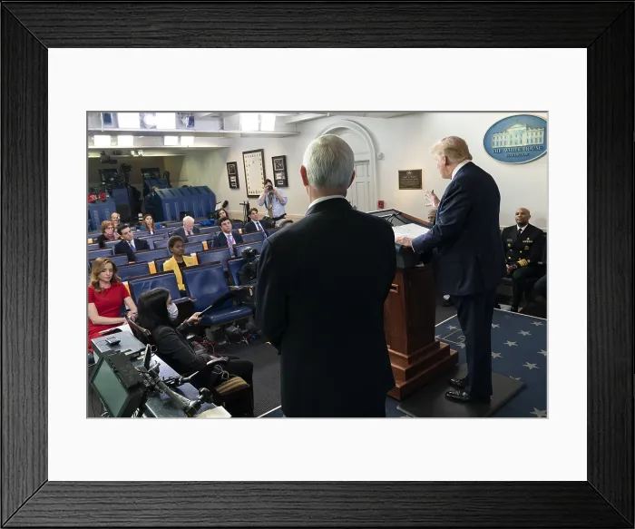 Framed Print : Scene in the James S. Brady Press Briefing Room of the White House on April 10, 2020