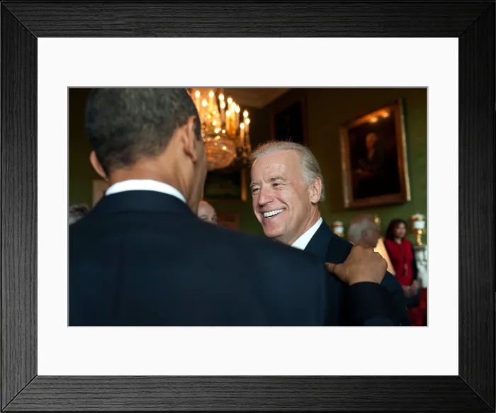 Framed Print : President Barack Obama and Vice President Joe Biden prior to the White House signing ceremony for the National Defense Authorization Act for Fiscal Year 2010, Oct