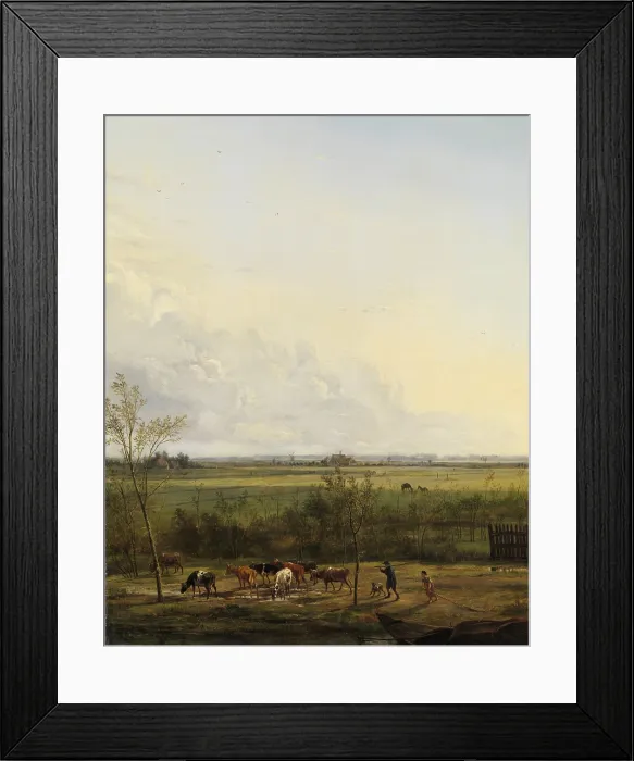 Framed Print : Distant View of the Meadows at s-Graveland, by Pieter Gerardus van Os, 1817, Dutch oil painting on canvas