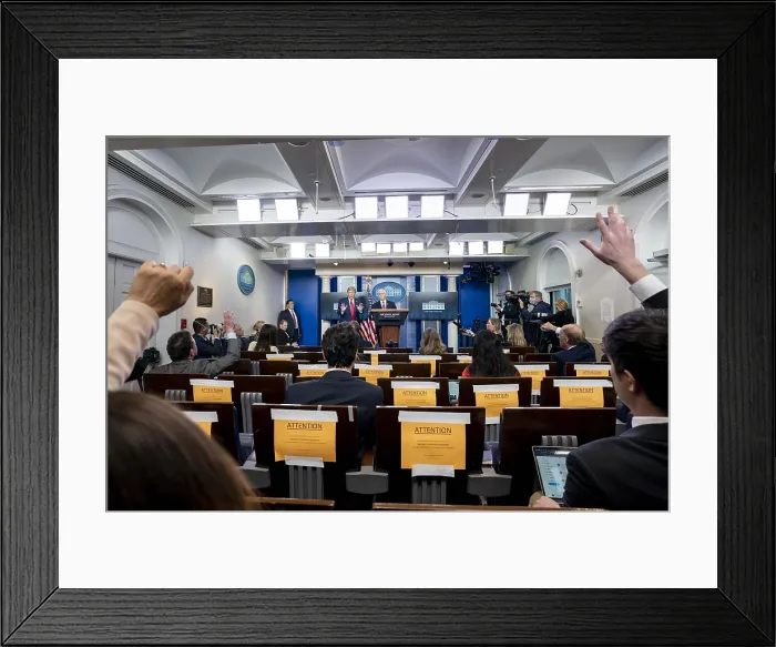 Framed Print : Scene in the James S. Brady Press Briefing Room of the White House on April 10, 2020 Framed Print : Scene in the James S. Brady Press Briefing Room of the White House on April 10, 2020