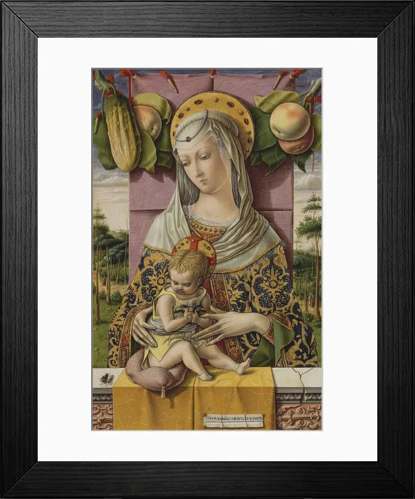 Framed Print : MADONNA AND CHILD, by Carlo Crivelli, 1480, Italian Renaissance painting, tempera, oil on wood. Crivelli painted this with Trompe-l'oeil details