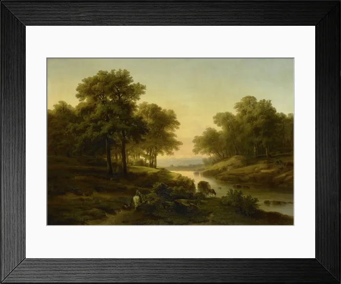 Framed Print : Landscape, by Alexandre Calame, 1830-45, Dutch painting, oil on canvas. Sunset reflected in a river with shepherd on horseback with sheep and a cow. (BSLOC_2016_1_172)