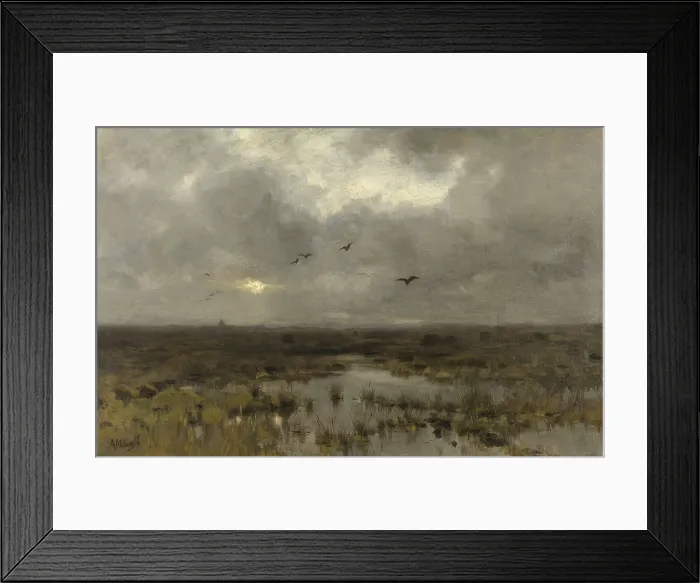 Framed Print : The Marsh, Anton Mauve, c. 1885-88, Dutch painting, oil on canvas. Overcast landscape with a marsh and a few birds. (BSLOC_2016_1_157)