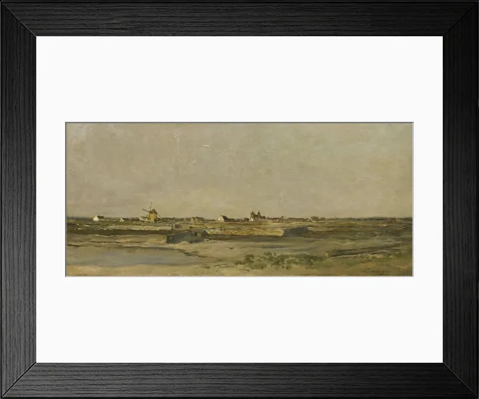 Framed Print : Landscape, by Charles François Daubigny, 1840-78, French painting, oil on panel. Flat coastal plain with a windmill and distant village. (BSLOC_2016_1_158) Framed Print : Landscape, by Charles François Daubigny, 1840-78, French painting, oil on panel. Flat coastal plain with a windmill and distant village. (BSLOC_2016_1_158)