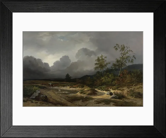 Framed Print : Landscape with a Thunderstorm Brewing, by Willem Roelofs 1st, 1850, Dutch painting, oil on canvas. A horseman endures winds of the coming thunder-storm in this Romantic landscape Framed Print : Landscape with a Thunderstorm Brewing, by Willem Roelofs 1st, 1850, Dutch painting, oil on canvas. A horseman endures winds of the coming thunder-storm in this Romantic landscape