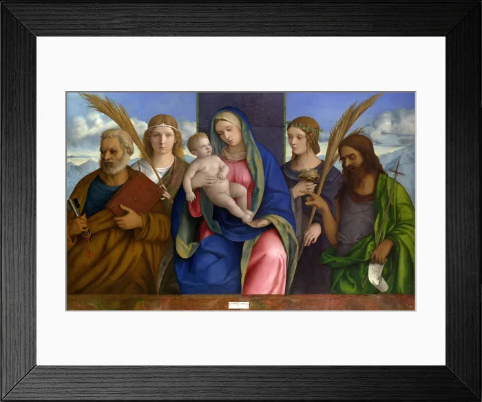 Framed Print : MADONNA AND CHILD SAINTS, by Giovanni Bellini, 1460-1516, Italian Renaissance oil & tempera painting. St. Peter, St. John the Baptist, and two angles flank Mary and Jesus Framed Print : MADONNA AND CHILD SAINTS, by Giovanni Bellini, 1460-1516, Italian Renaissance oil & tempera painting. St. Peter, St. John the Baptist, and two angles flank Mary and Jesus
