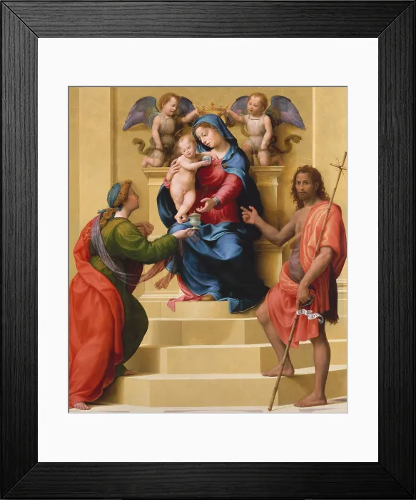 Framed Print : MADONNA AND CHILD WITH SAINTS MARY MAGDALEN AND JOHN THE BAPTIST, Italian Renaissance oil painting. Angels hold a crown over Marys head