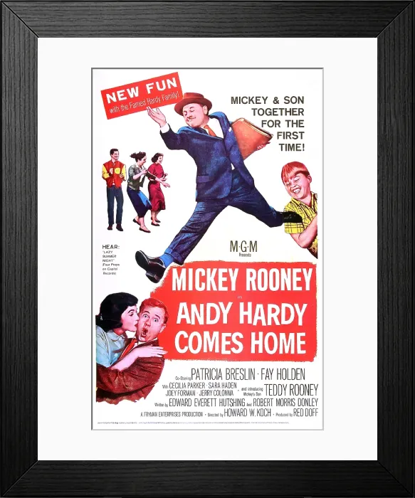 Framed Print : ANDY HARDY COMES HOME, US poster, Mickey Rooney (center), bottom left: Patricia Breslin, Mickey Rooney, Teddy Rooney (right of center), 1958