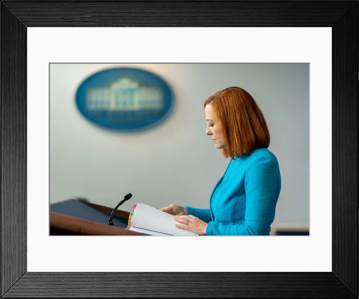 Framed Print : White House Press Secretary Jen Psaki addresses reporters, April 15, 2021. She began working in Democratic Party political communications in 2001 (BSLOC_2021_8_27)