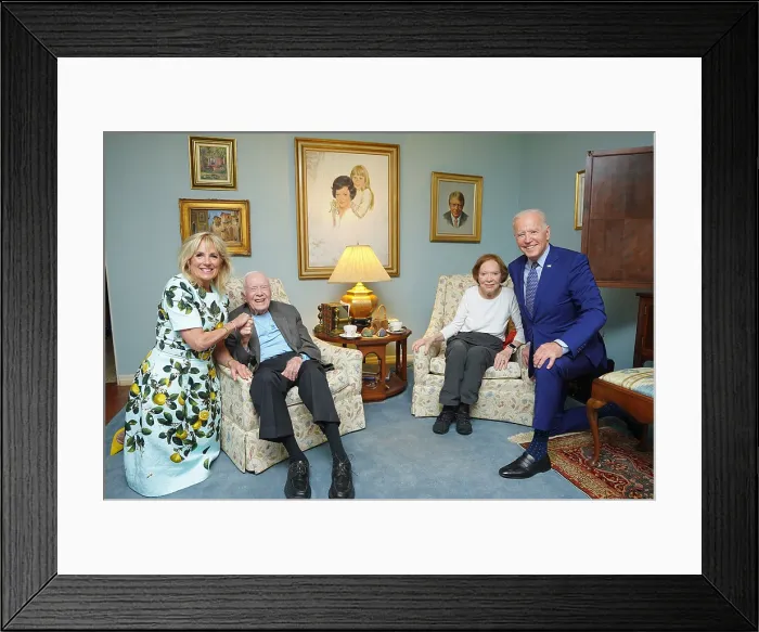 Framed Print : Former president Jimmy Carter and his wife, Rosalynn, at home with their visitors, President Joe Biden and First Lady Jill Biden, April 29, 2021 Framed Print : Former president Jimmy Carter and his wife, Rosalynn, at home with their visitors, President Joe Biden and First Lady Jill Biden, April 29, 2021