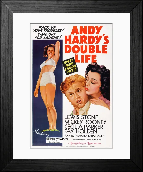Framed Print : ANDY HARDY'S DOUBLE LIFE, US poster art, from left: Esther Williams, Mickey Rooney, Ann Rutherford, 1942