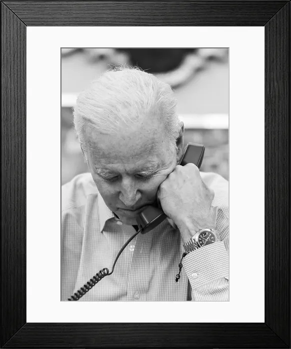 Framed Print : President Joe Biden makes a telephone call from his private dining area of the White House, April 10, 2021 (BSLOC_2021_8_3)