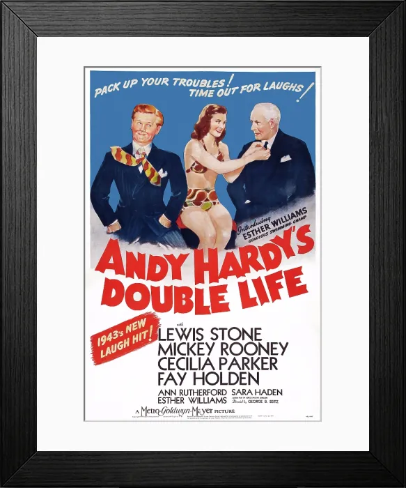 Framed Print : ANDY HARDY'S DOUBLE LIFE, US poster art, from left: Mickey Rooney, Esther Williams, Lewis Stone, 1942