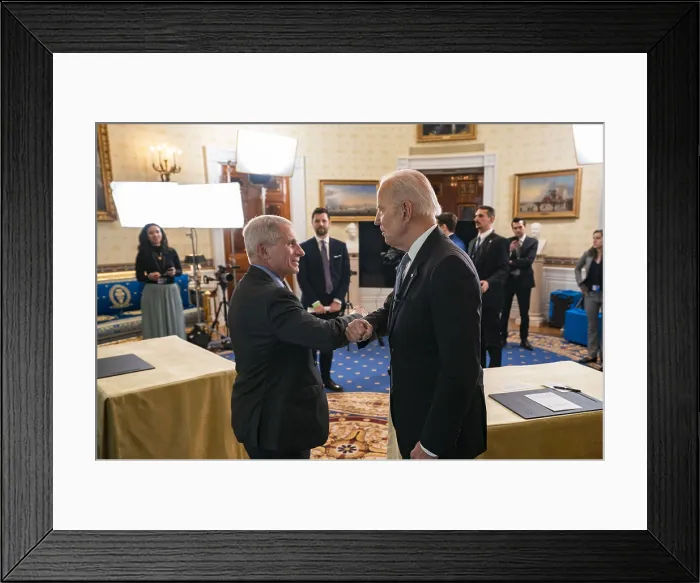 Framed Print : President Joe Biden and Chief Medical Adviser Dr. Anthony Fauci touch elbows before a Covid-19 townhall in the White House Blue Room. May 17, 2021 (BSLOC_2021_11_11) Framed Print : President Joe Biden and Chief Medical Adviser Dr. Anthony Fauci touch elbows before a Covid-19 townhall in the White House Blue Room. May 17, 2021 (BSLOC_2021_11_11)