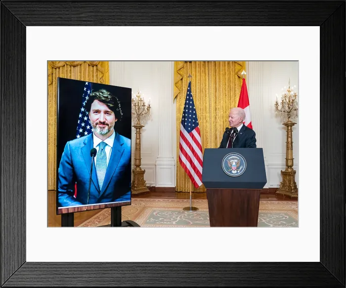 Framed Print : President Joe Biden attends a virtual meeting with Canadian Prime Minister Justin Trudeau, Feb