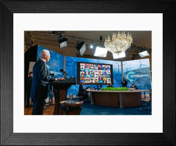 Framed Print : President Joe Biden speaks at a virtual meeting of the Leaders Summit on Climate Session, entitled, Raising Our Climate Ambition, April 22, 2021, in the White House East Room