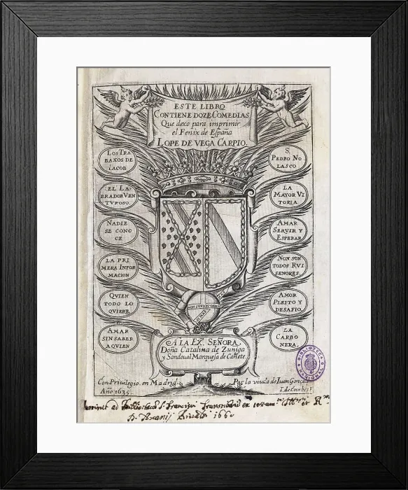 Framed Print : Half title of an edition that compiles twelve comedies by Lope de Vega, published in Madrid in 1635. Drawing by Courbe. Engraving. SPAIN. Madrid. National Library