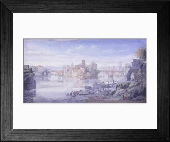 Framed Print : Tiberina Island, by Gaspar Van Wittel also known as Gaspare Vanvitelli, 17th Century, canvas - Italy, Lazio, Rome, Central National Library. Whole artwork view. View of Rome