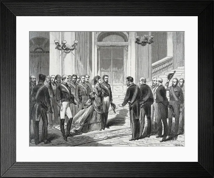 Framed Print : Spain (1871). The king Amadeo I of Savoy and the queen Mara Victoria entering into the palace (Madrid, 19th March 1871) Framed Print : Spain (1871). The king Amadeo I of Savoy and the queen Mara Victoria entering into the palace (Madrid, 19th March 1871)