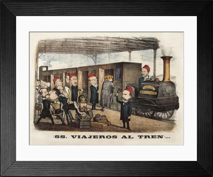 Framed Print : Spain (1868). Glorious Revolution. 'SS. Viajeros al Tren...', caricature of the magazine 'La Flaca'. Joan Prim drives the train that brings the monarchy Framed Print : Spain (1868). Glorious Revolution. 'SS. Viajeros al Tren...', caricature of the magazine 'La Flaca'. Joan Prim drives the train that brings the monarchy