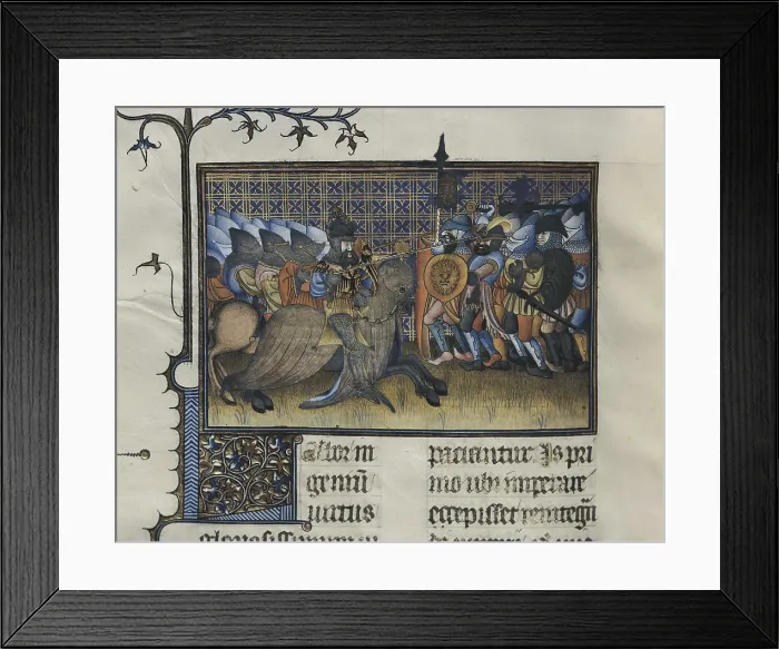 Framed Print : PETRARCH (1304-1374). 'De Viris Illustribus'. Fol. 58rv. Miniature depicting armies fighting (14th c.). Renaissance art. Trecento. Miniature Painting. SPAIN. Valencia