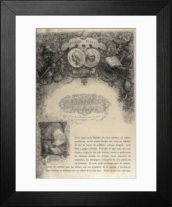 Framed Print : CERVANTES SAAVEDRA, Miguel de (1547-1616). Beginning of the first part of the novel 'The Ingenious Gentleman Don Quixote of La Mancha'. Etching