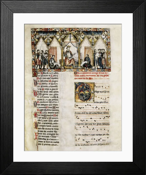 Framed Print : Cantigas de Santa Maria (Virgin Mary Songs). 13th c. The King Alfonso X surrounded by musicians and scribes. Gothic art. Miniature Painting. SPAIN. San Lorenzo de El Escorial Framed Print : Cantigas de Santa Maria (Virgin Mary Songs). 13th c. The King Alfonso X surrounded by musicians and scribes. Gothic art. Miniature Painting. SPAIN. San Lorenzo de El Escorial