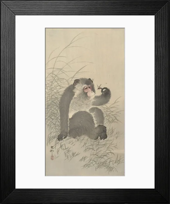 Framed Print : Ape with Insect, by Ohara Koson and Matsuki Heikichi, c. 1900-30, Japanese woodcut. Monkey sitting in the grass with an insect in his hand. (BSLOC_2016_1_237)