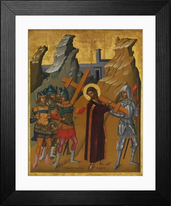 Framed Print : CHRIST BEARING THE CROSS, by Nicolaos Tzafouris, 1475-99, Byzantine, Cretan oil painting. Surrounded by soldiers, Christ bears his cross to Golgotha Framed Print : CHRIST BEARING THE CROSS, by Nicolaos Tzafouris, 1475-99, Byzantine, Cretan oil painting. Surrounded by soldiers, Christ bears his cross to Golgotha