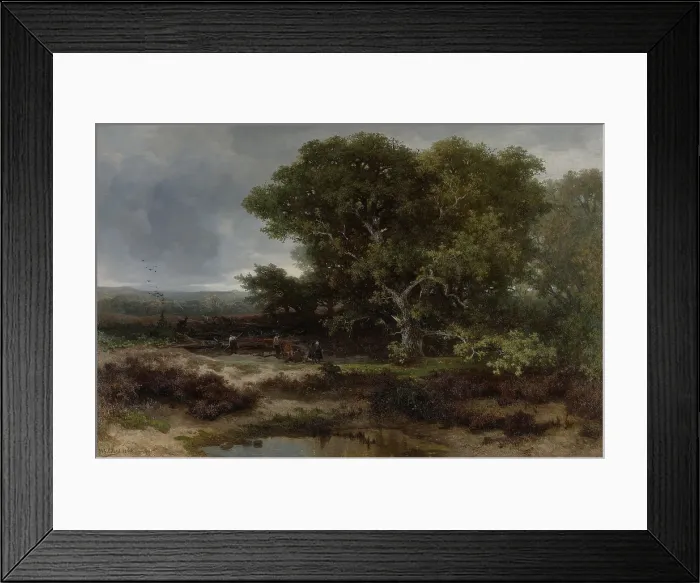 Framed Print : The Heath near Wolfheze, by Johannes Warnardus Bilders, 1866 Dutch painting, oil on canvas. Peasants gather around a fire under the full oak trees. (BSLOC_2016_1_175)